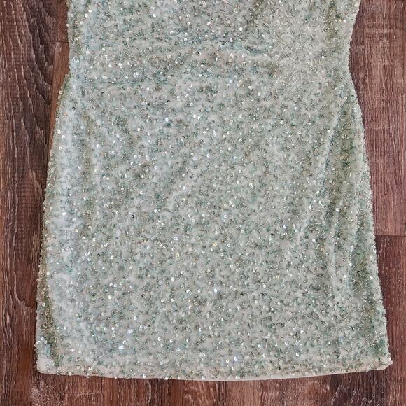 Retrofete Mich Sequin Mini Dress in Mint Aqua Green Small Beaded Sleeveless Cowl - Picture 5 of 12